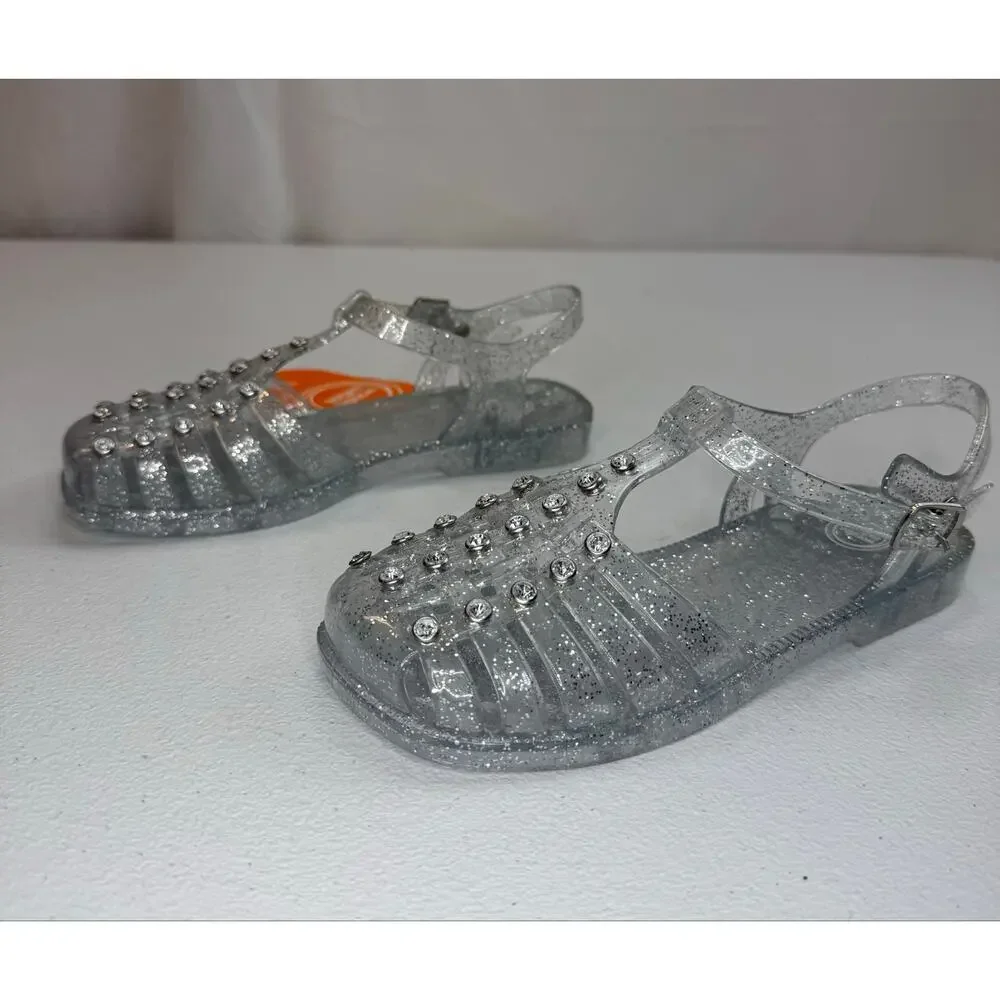 Wonder Nation; Girls Crystal Jelly Sandal, Flat Clear Size 13